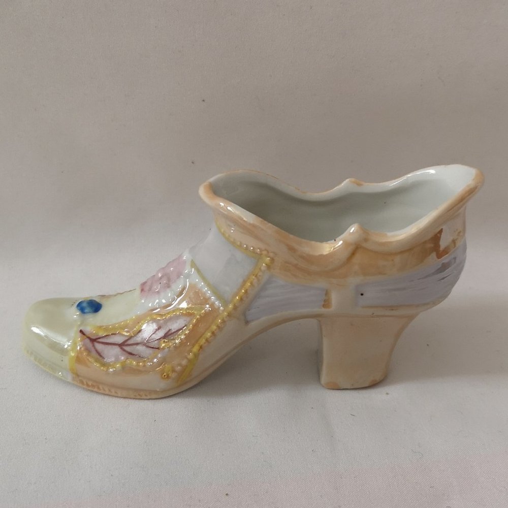 Vintage Hand-painted Ceramic Collector Shoe, Peach Luster and Pink Design, Japan